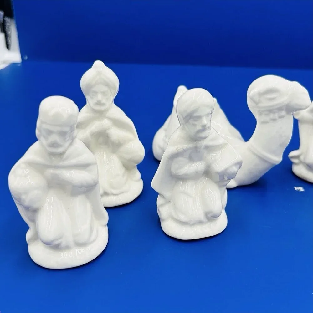 Christmas Nativity Scene Vintage White Ceramic Glazed 9 Piece Set Handmade